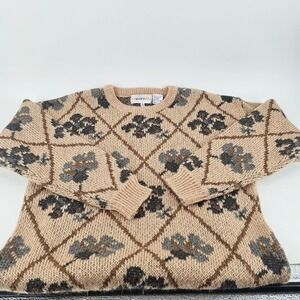 Together! Sweater Women S 4-6 Tan Vintage Floral Argyle Knit 91-3296